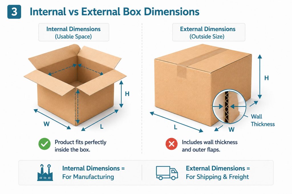 Internal vs external box dimensions comparison for packaging